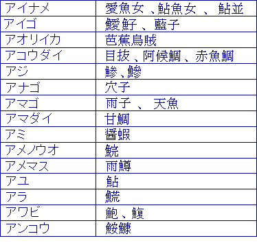 アイナメ、アイゴ、アオリイカ、アコウダイ、アジ、アナゴ、アマゴ、アマダイ、アミ、アメノウオ、アメマス、アユ、アラ、アワビ、アンコウ